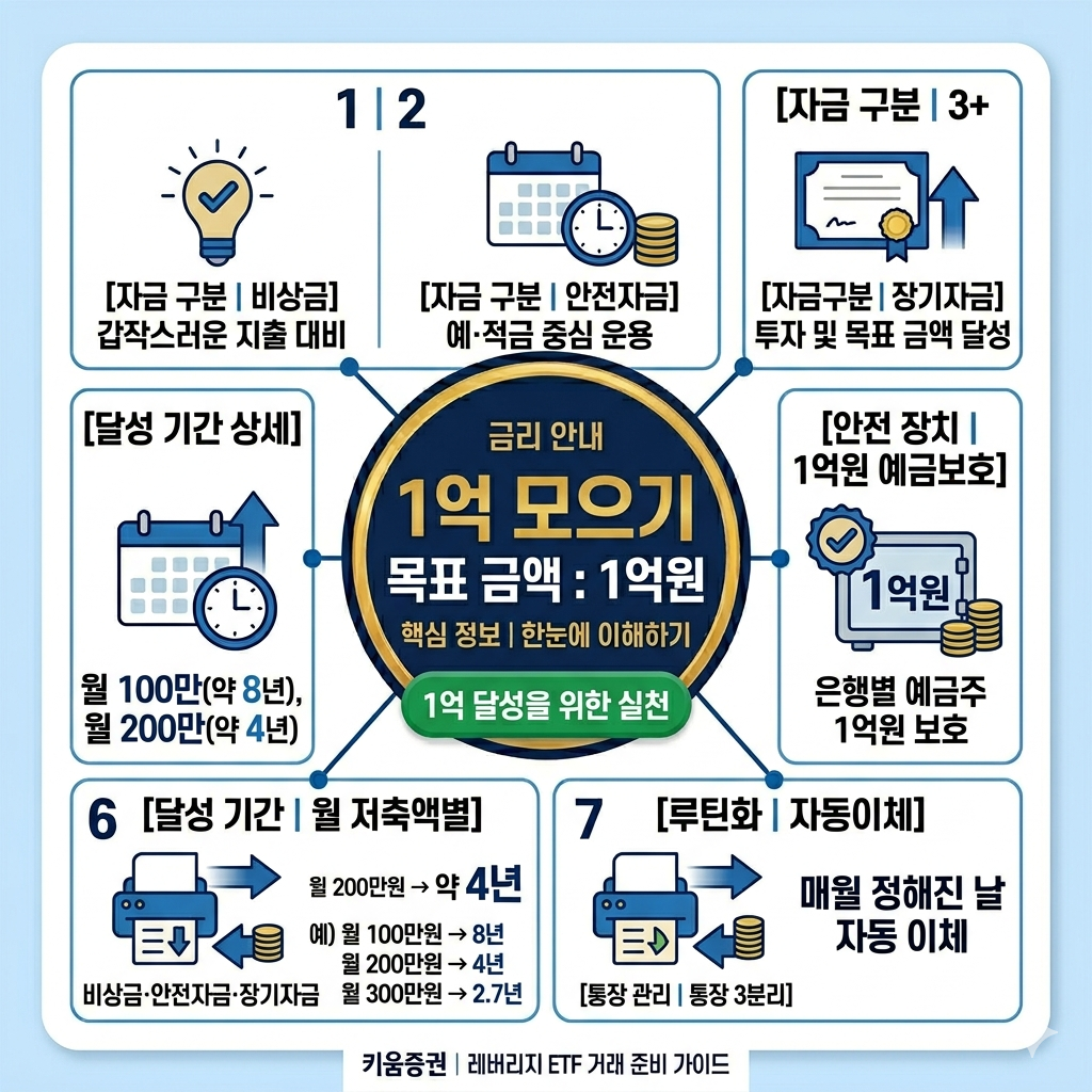 1억 모으기 현실 플랜|월 저축액·기간·통장 분리·실행 루틴 인포그래픽
