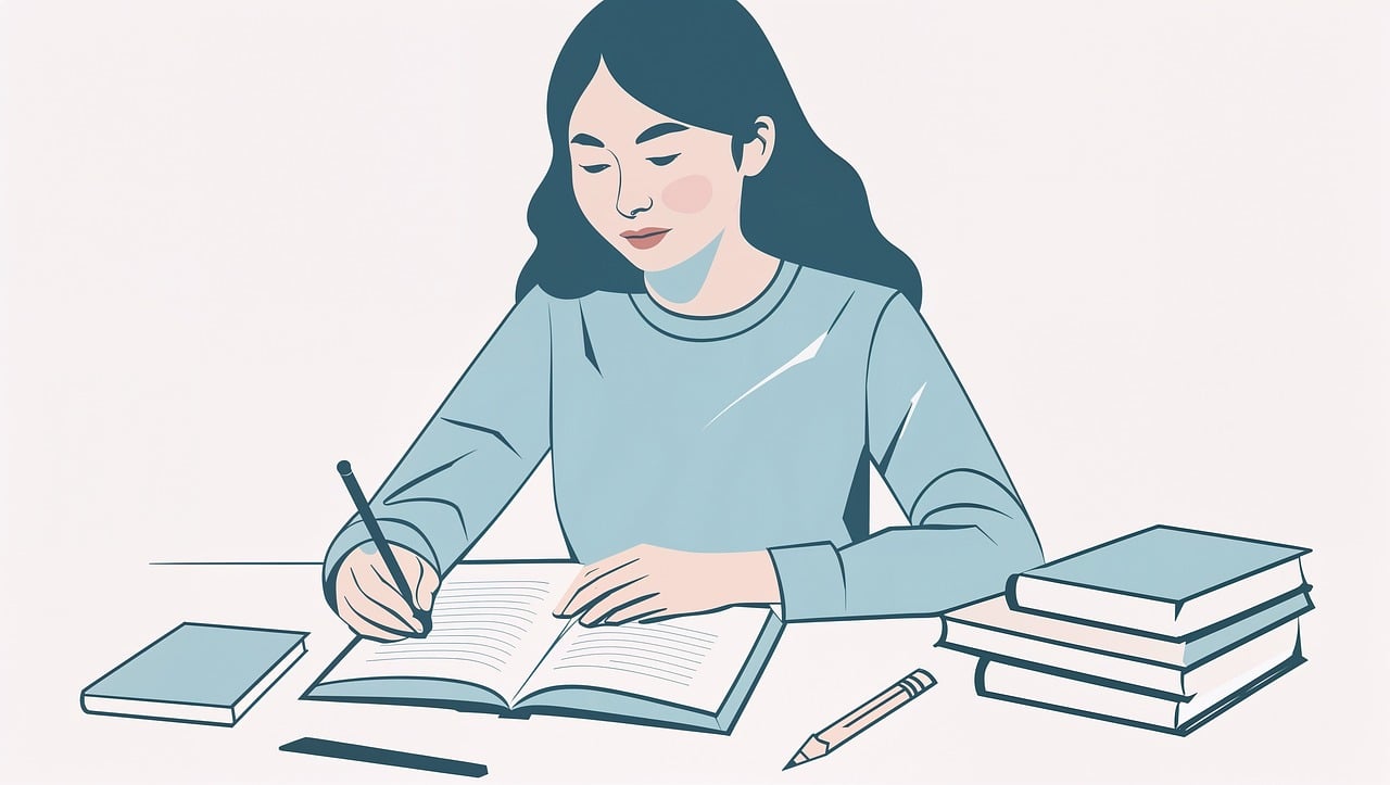 책상에 앉아 책을 펴고 연필을 들고 공부하는 학생의 모습