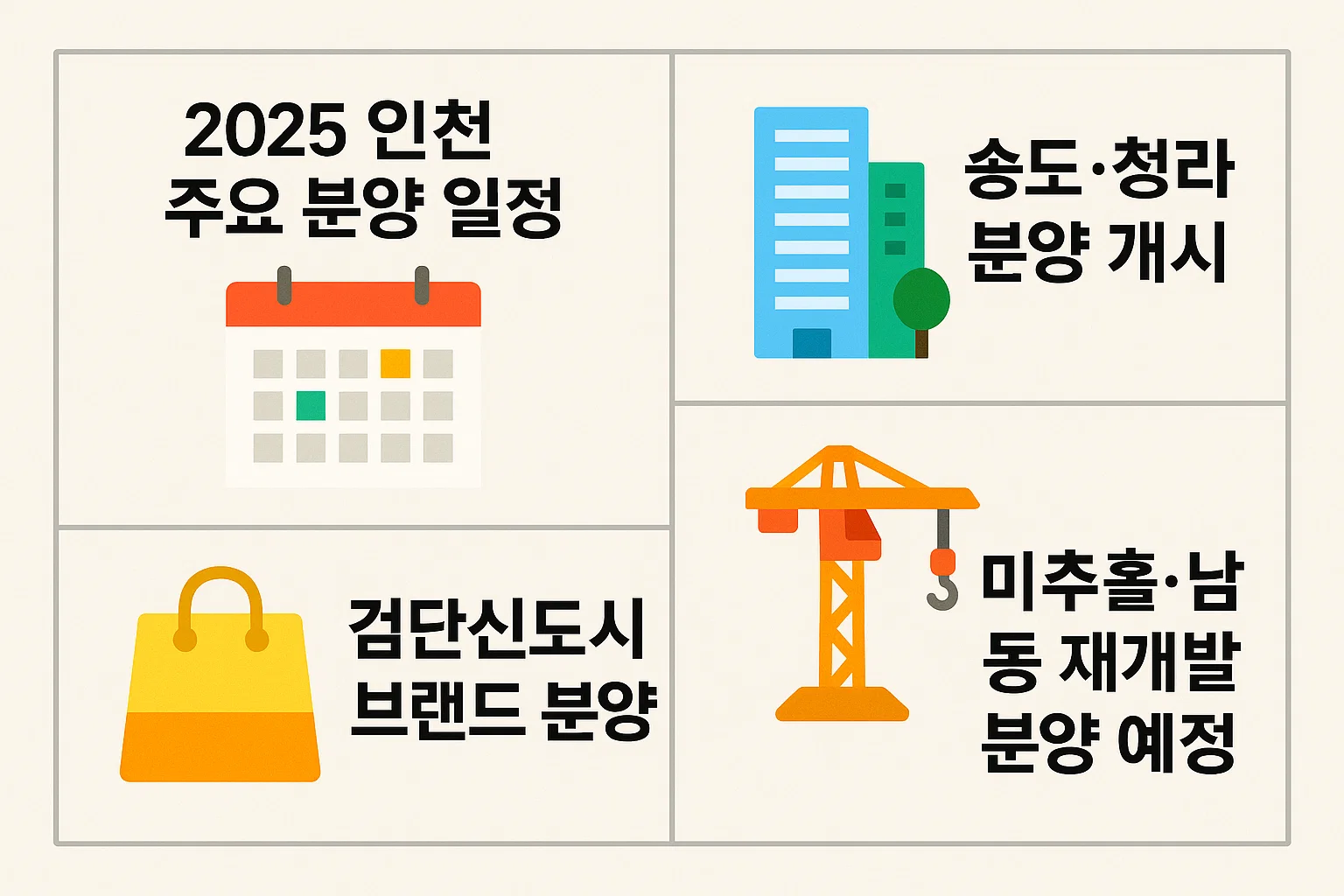 송도&middot;청라&middot;검단 등 주요 신도시의 2025년 분양 일정과 미추홀&middot;남동 재개발 분양 계획을 정리한 인천아파트 분양 일정 인포그래픽입니다.