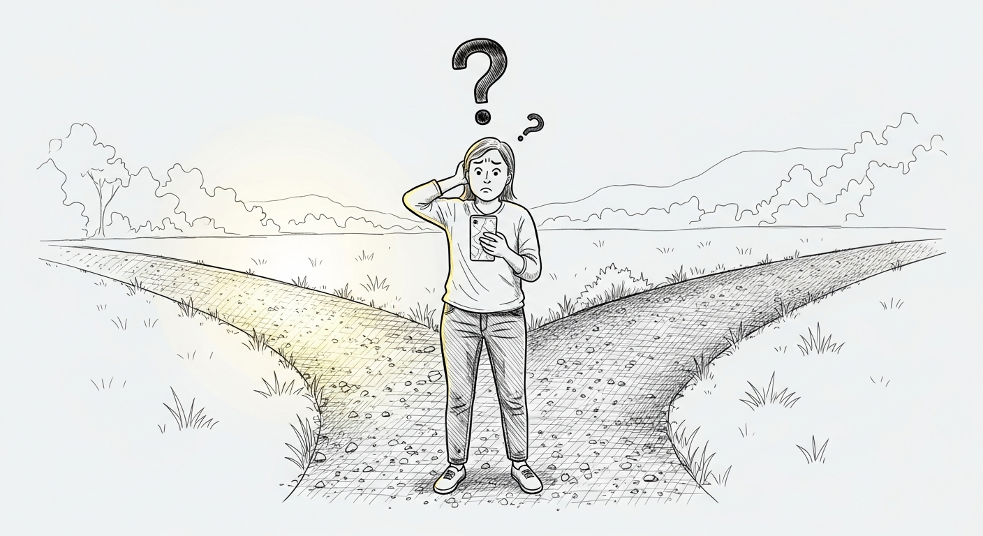 갈림길에서 방향을 확인하며 올바른 길을 찾는 여행자 일러스트