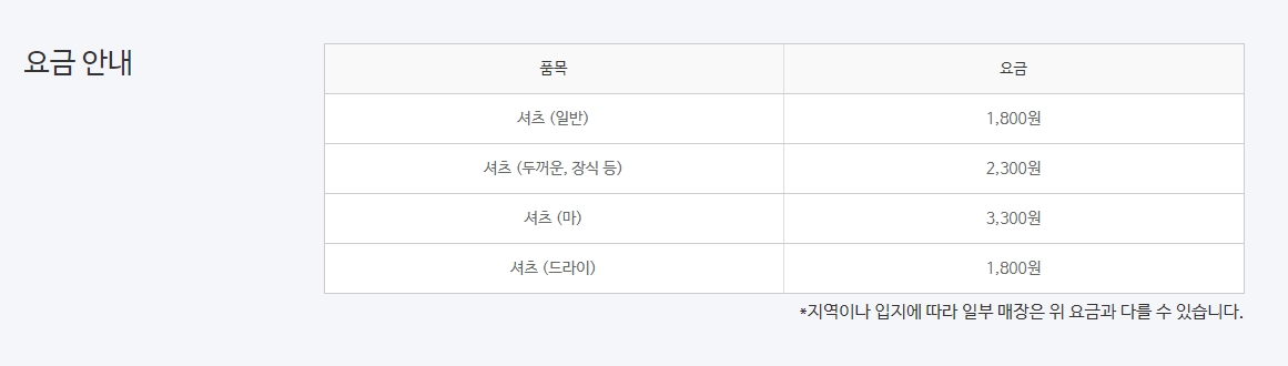 이불 세탁 가격표 확인 메뉴
