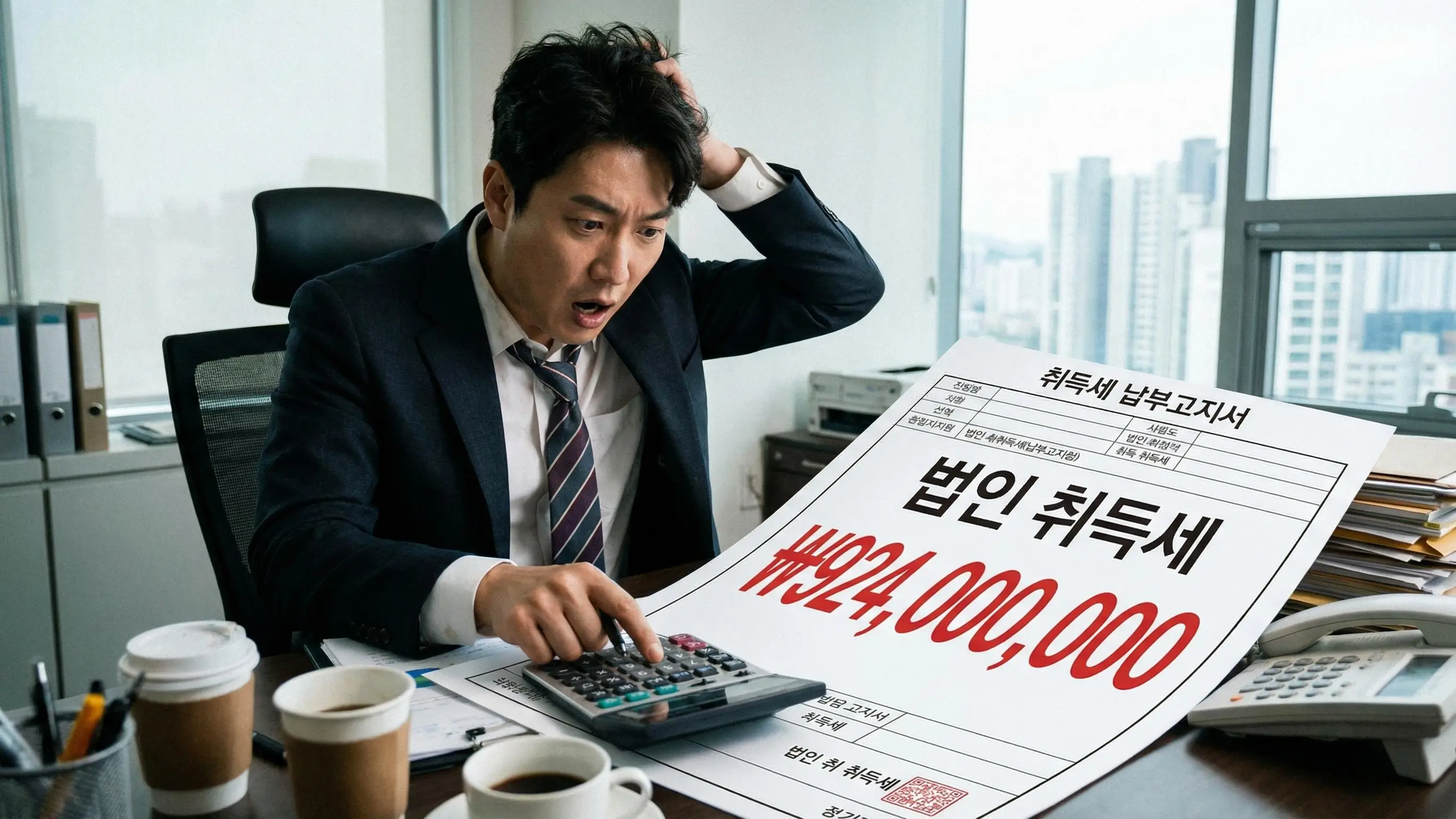 높은 취득세 고지서를 보고 당황하는 법인 대표가 해결책을 찾기 위해 계산기를 두드리는 모습