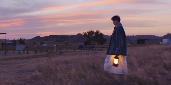 A scene from Nomadland where the main character walks