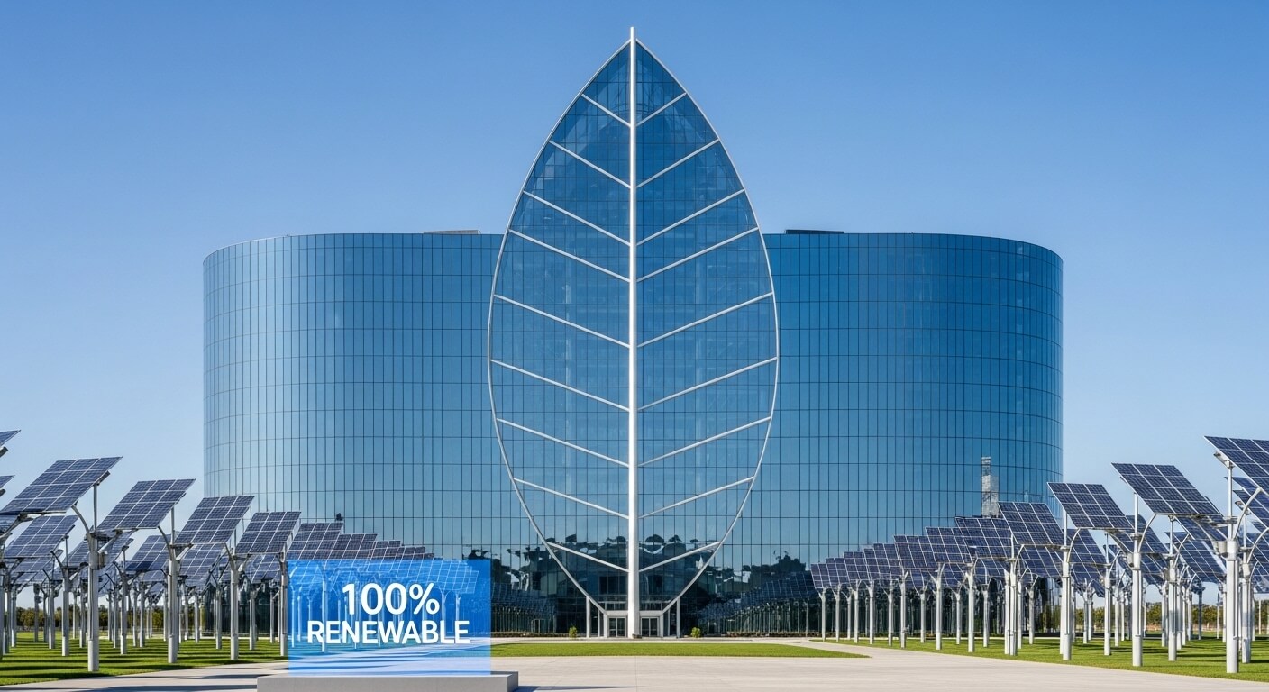 친환경산업을 상징하는 듯한 건물과 태양광판넬