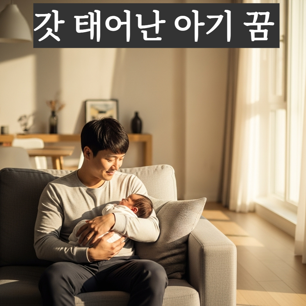 따스한 아침 햇살이 비치는 아늑한 거실에서 갓 태어난 아기를 품에 안고 인자하게 미소 지으며 새로운 미래를 꿈꾸는 현대적인 한국인 남성의 모습