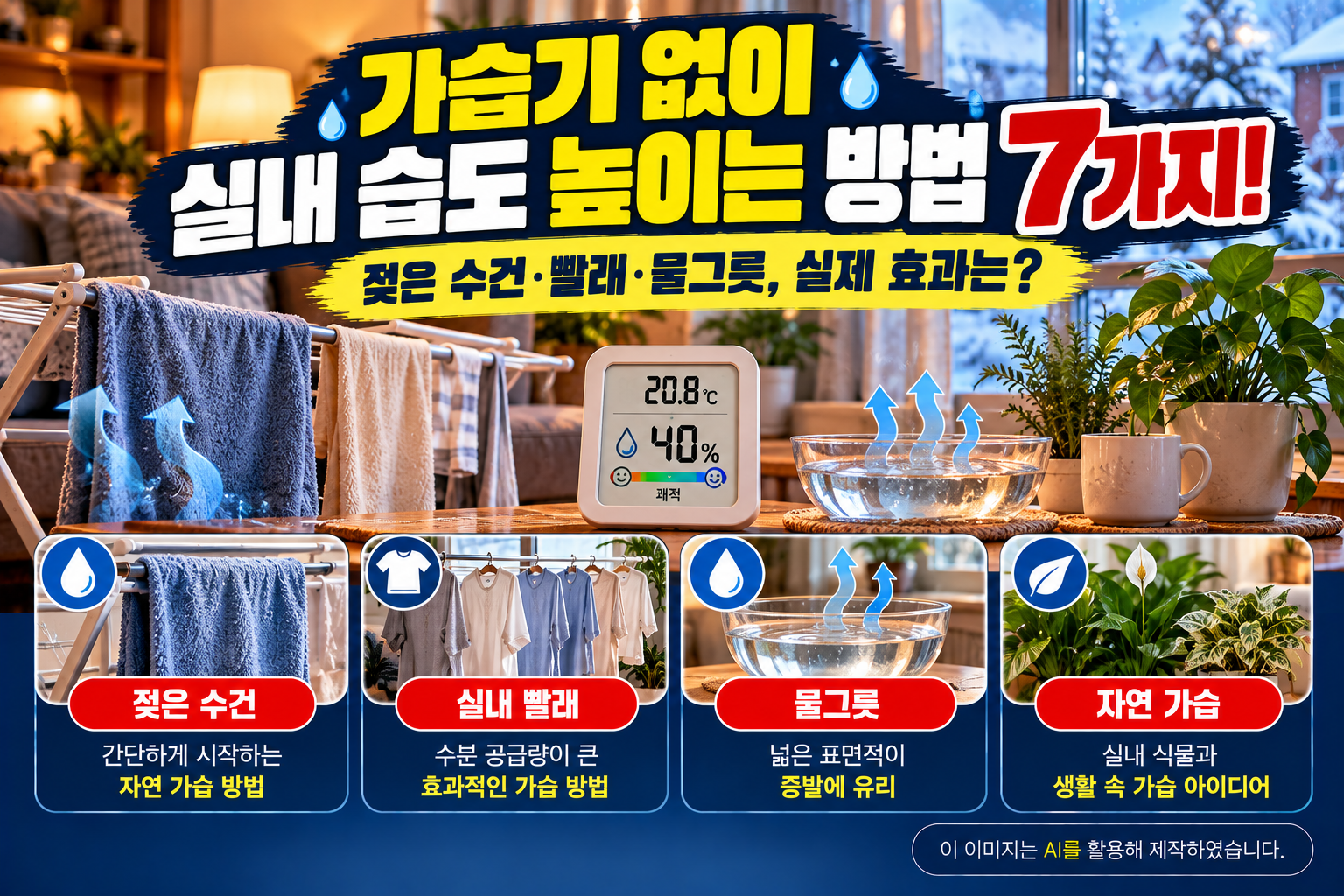 가습기 없이 실내 습도 높이는 방법 7가지와 젖은 수건, 실내 빨래 건조, 물그릇, 식물을 활용한 겨울철 자연 가습 방법을 소개하는 이미지
