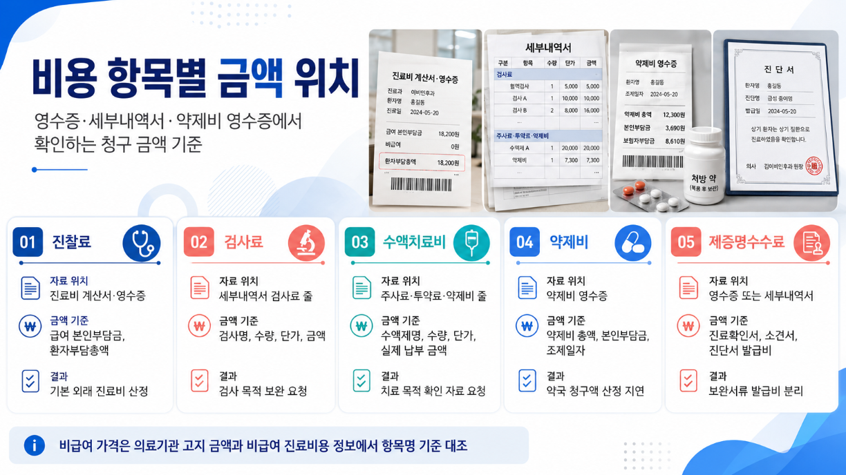 이비인후과 진찰료, 검사료, 수액치료비, 약제비, 제증명수수료의 금액 위치 정리