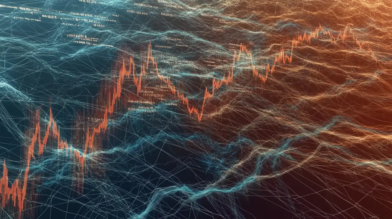 변동성이 나타나는 다양한 선과 그래프로 구성된 활기찬 시장 분석 장면입니다. 역동적인 경제 환경이 느껴지며, 분석적 분위기를 강화하는 조명이 강조됩니다.
