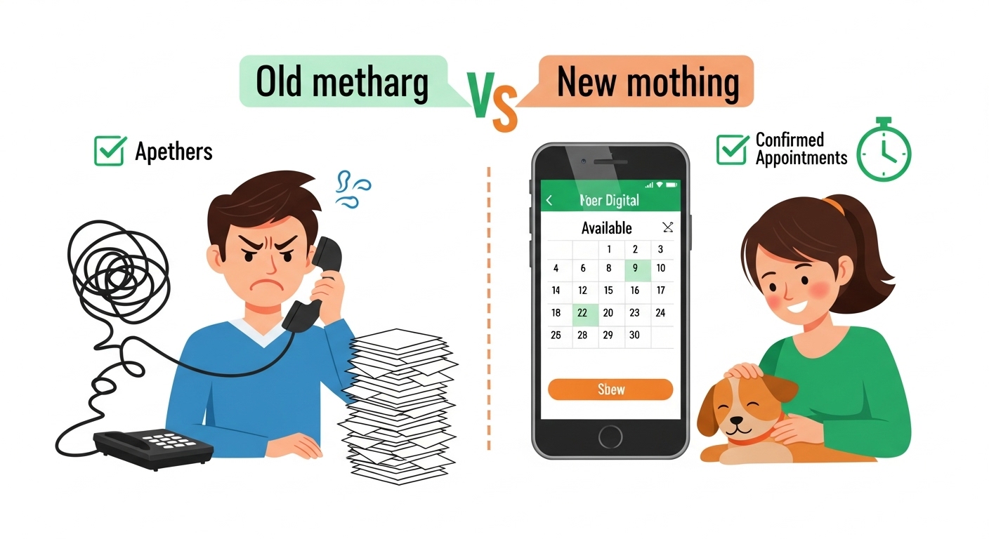 기존의 복잡한 전화 예약 방식과 네이버 실시간 예약의 간편함을 비교하는 인포그래픽