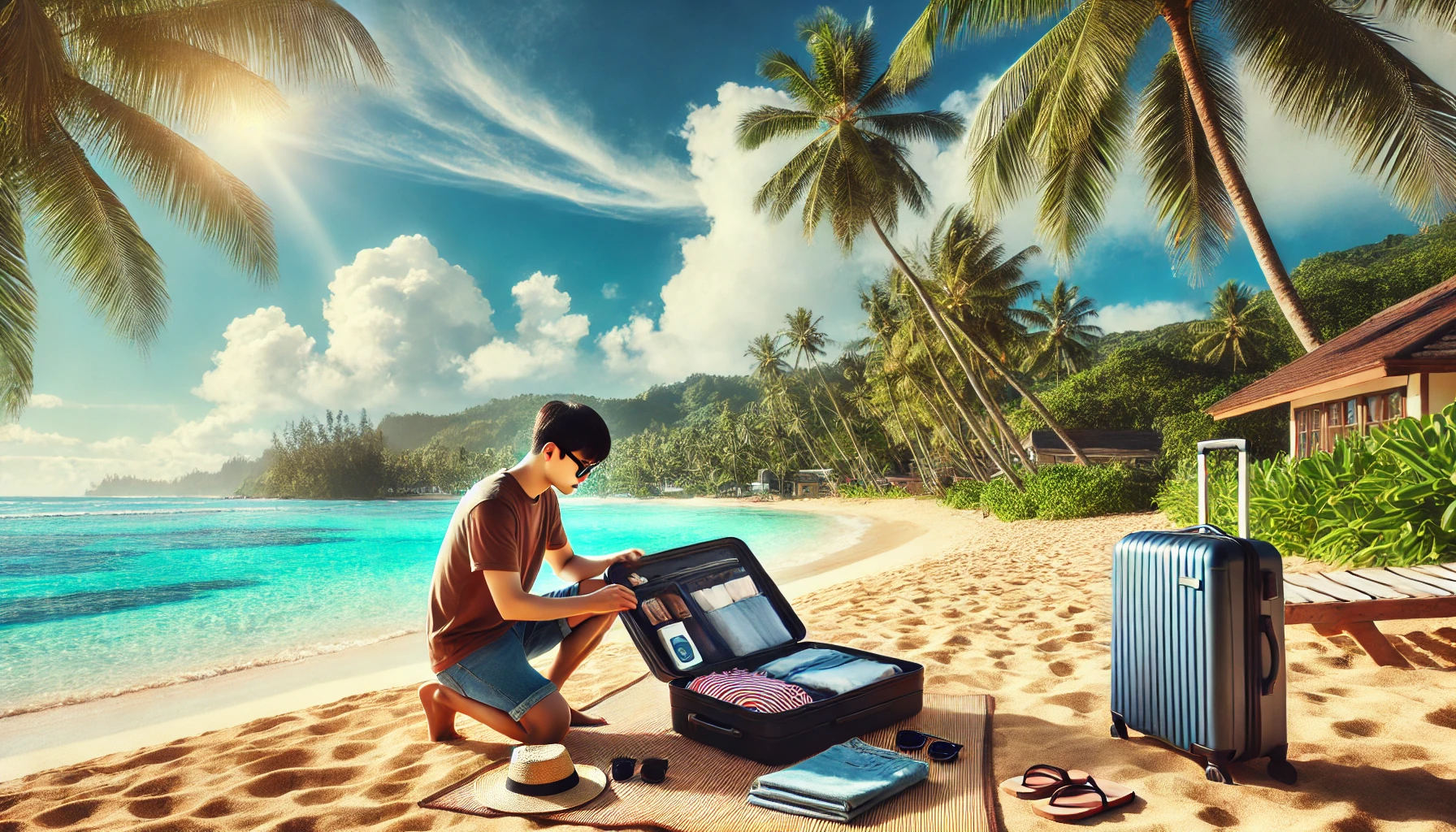 하와이 해변을 배경으로 여행 가방을 정리하는 모습