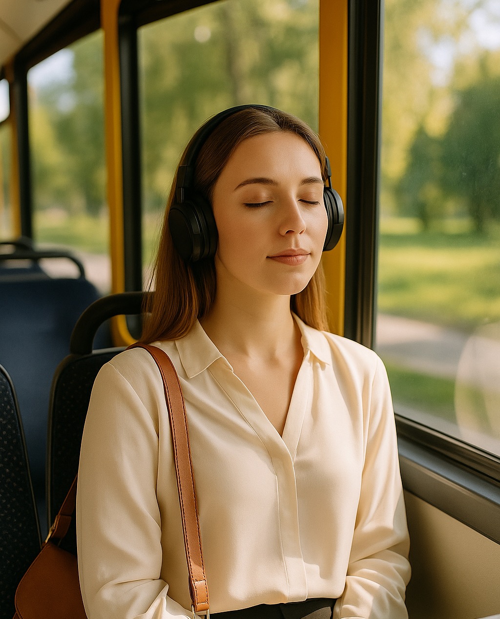 출근길 버스 창가에 앉아 눈을 감고 호흡 명상 중인 여성 직장인 ❘ Female commuter on bus, sitting by window with eyes closed, practicing mindful breathing