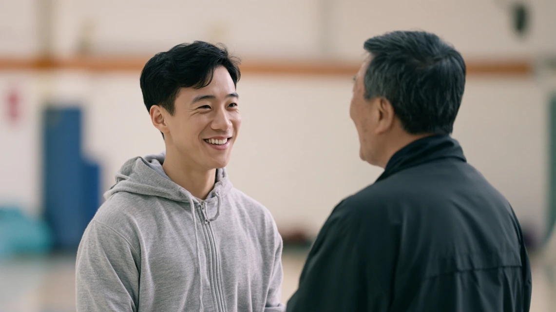 나이 어린 신입이 나이 많은 회원과 자연스럽게 대화하는 모습