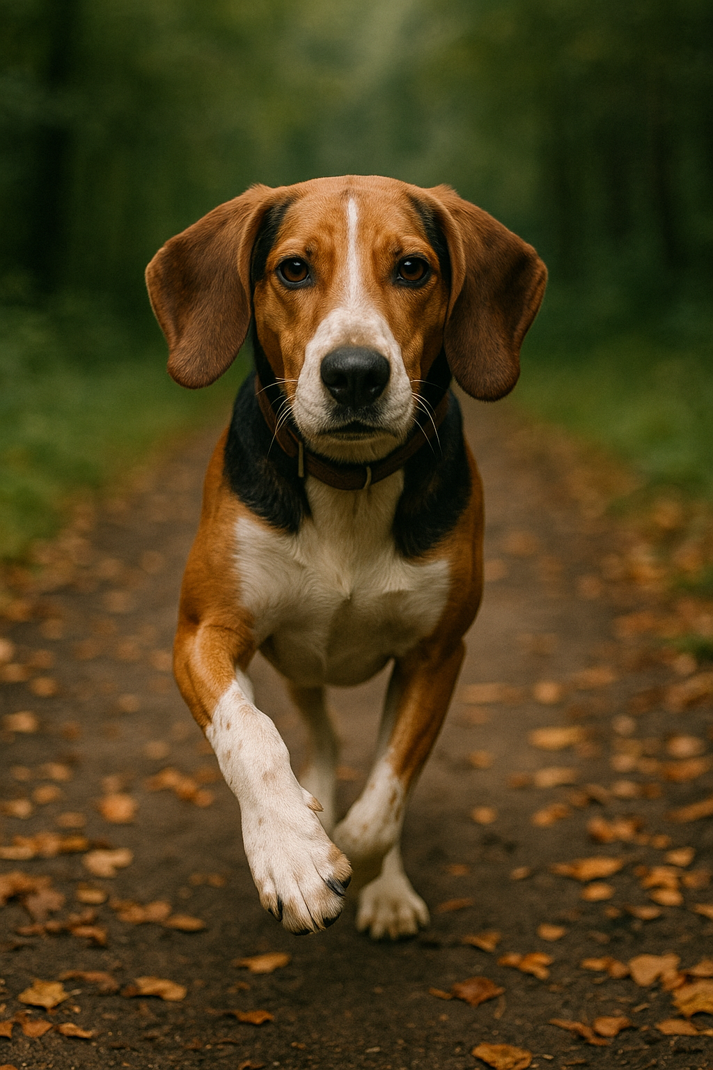 카니훈트가 숲길을 걷고 있는 정면 사진