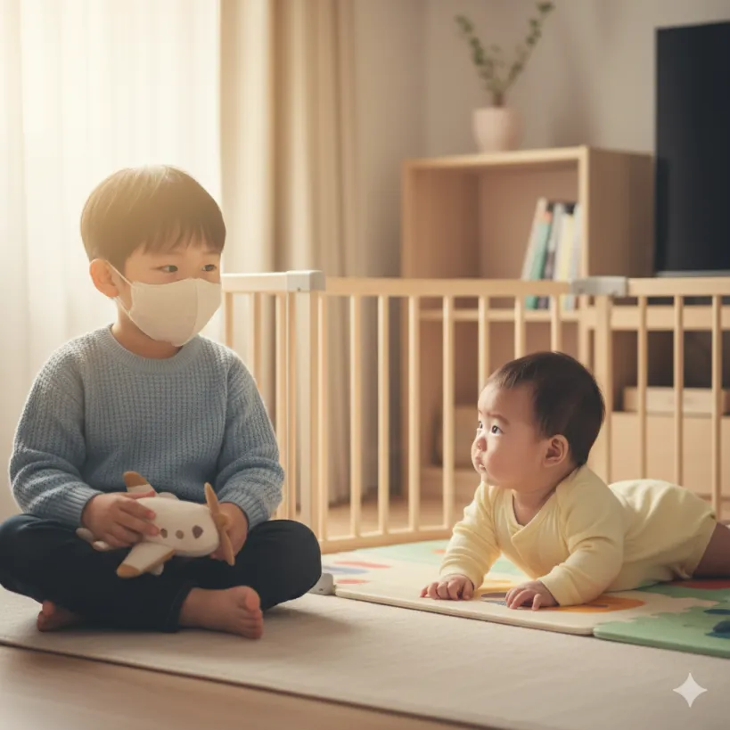 RSV 감염 예방을 위해 거리두기를 하는 한국인 형제자매와 마스크 착용.