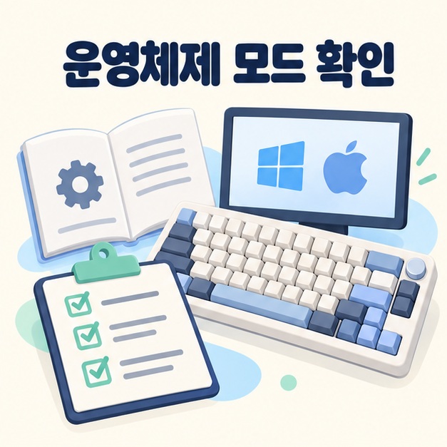 키보드와 설명서 및 점검표로 운영체제 모드를 확인하는 모습