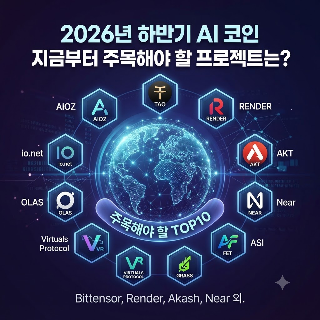 2026년 하반기 AI 코인 TOP10 프로젝트를 소개하는 인포그래픽 이미지. 중앙의 디지털 지구본 주위로 AIOZ, TAO, RENDER, AKT, NEAR, ASI(FET), GRASS, Virtuals Protocol, OLAS, io.net 등 10개의 AI 관련 암호화폐 로고가 육각형 형태로 배치되어 있다