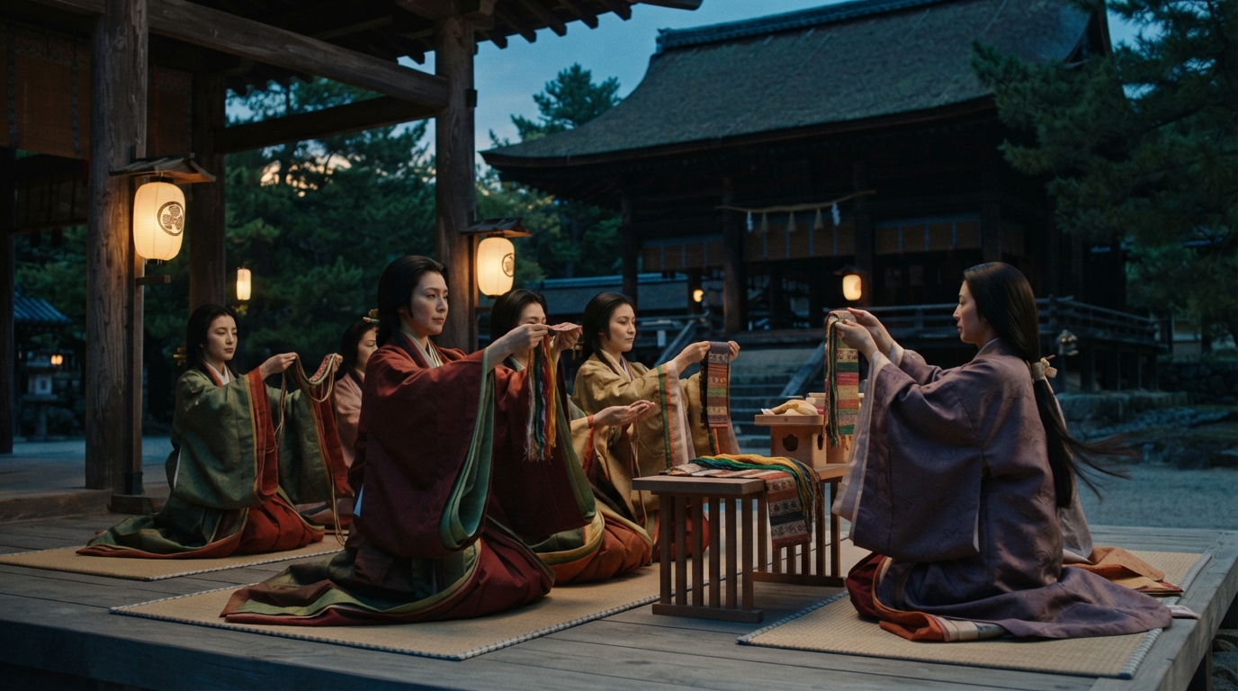 처마 등불이 켜진 신사 마루에서 화려한 겹옷의 여인들이 다섯 줄로 늘어뜨린 색실과 직물을 들어 올리는 칠석 기원 의식