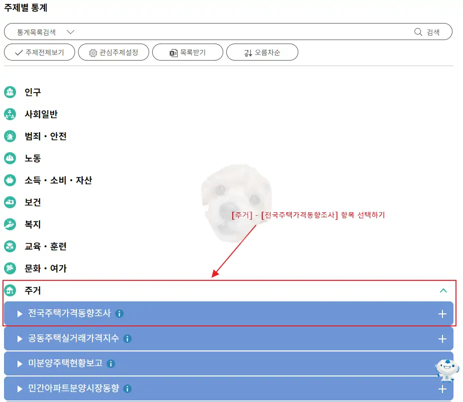 주제별 통계 중 주택가격동향조사 선택
