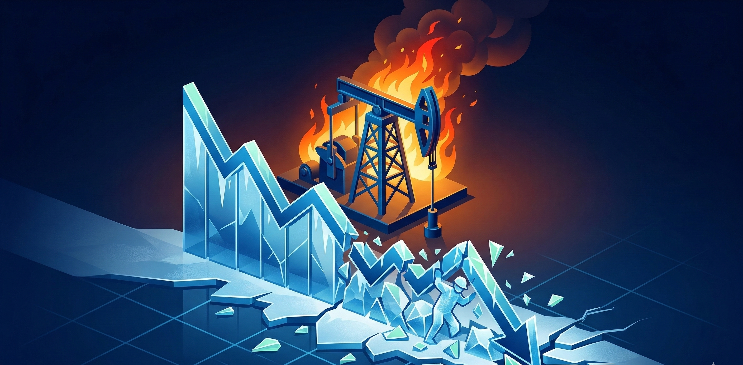 Burning oil well with crashing employment chart / 유가 폭등과 고용 쇼크의 시각적 상징