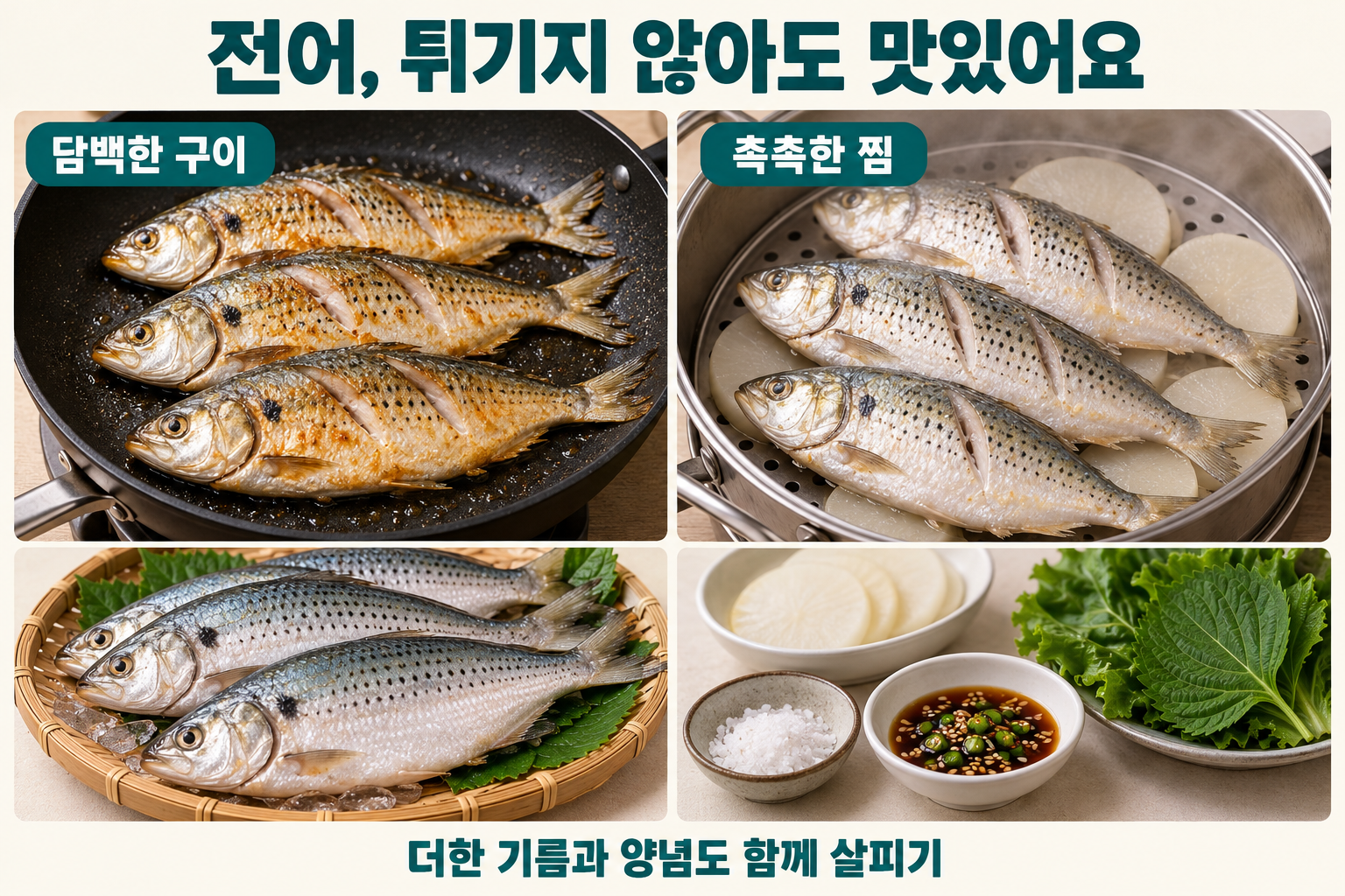 전어를 담백하게 굽거나 무와 함께 찌는 조리 예와 기름&middot;양념을 따로 살피는 모습.