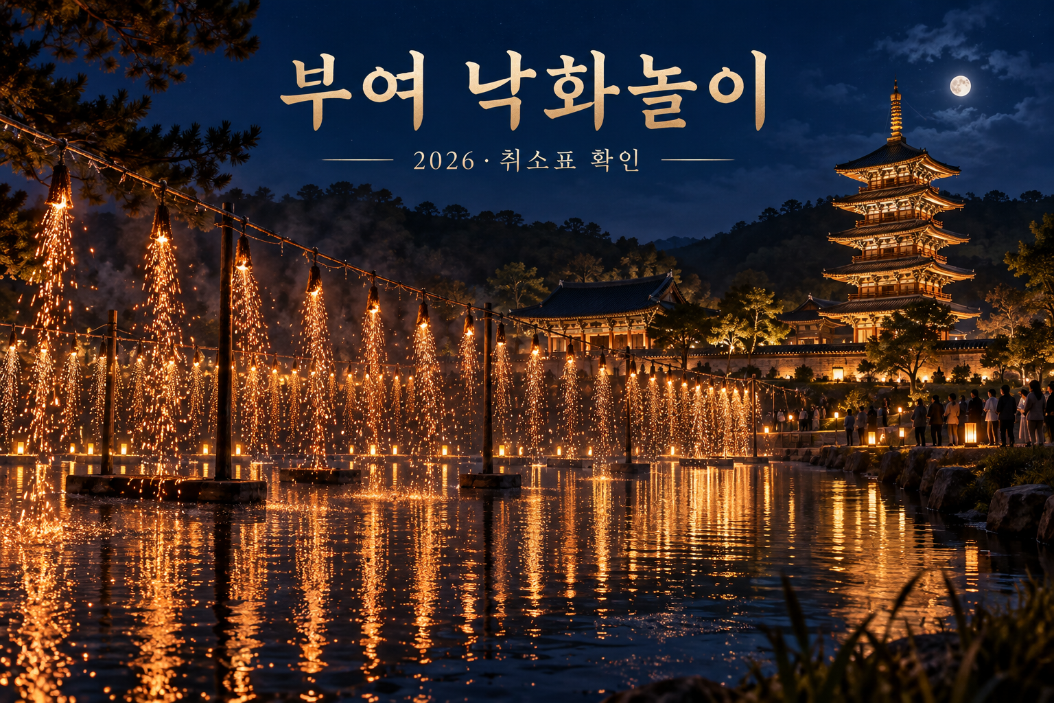 전통 건축과 연못 앞에서 아래로 쏟아지는 금빛 낙화 불꽃