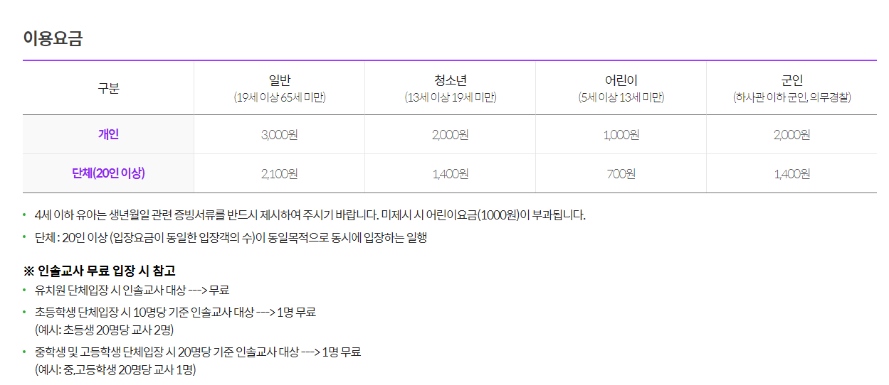 전주동물원 이용요금
