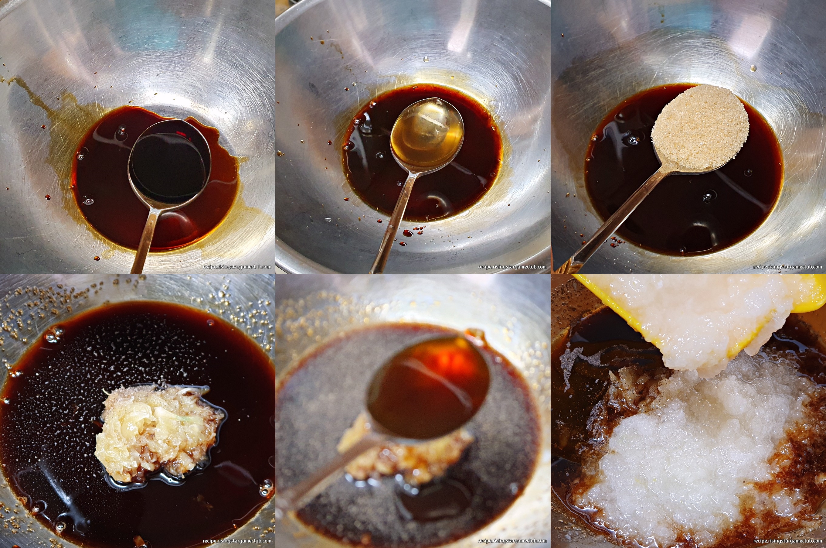 명절에 사용할 맛있는 소고기 산적의 양념을 만들기 위해서 보울에 간장, 미림, 설탕, 다진마늘, 매실액을 넣어주는 사진