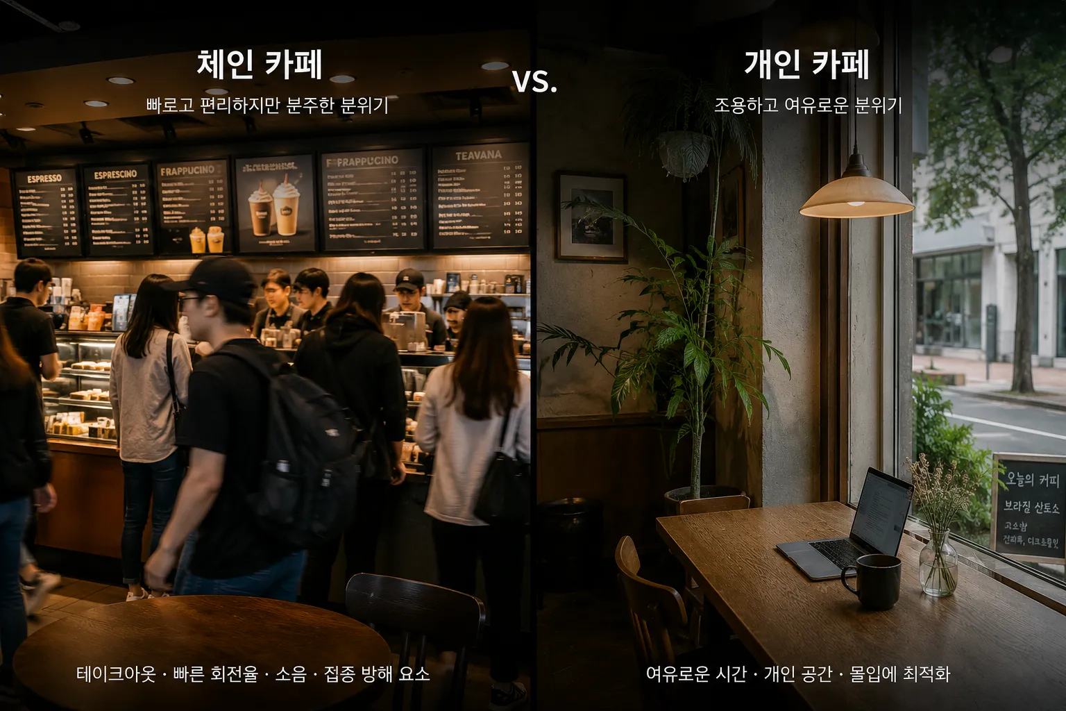 체인 카페와 개인 카페의 서로 다른 분위기를 비교하는 풍경