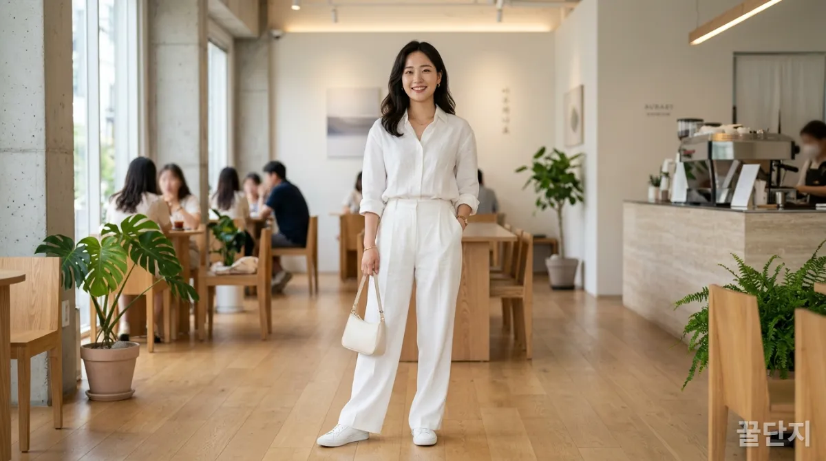 체형에 잘 맞는 올화이트 룩을 입은 한국 여성