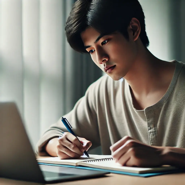 노트에 필기하며 집중하고 있는 동양인 청년의 모습