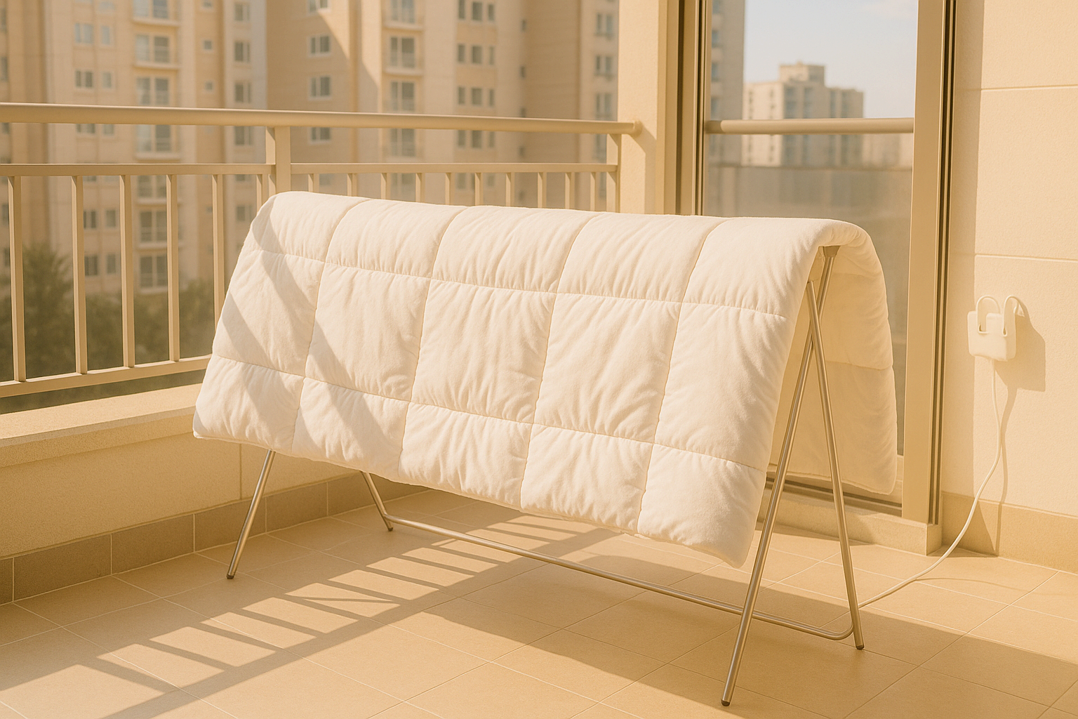 햇볕에 건조 중인 흰색 이불