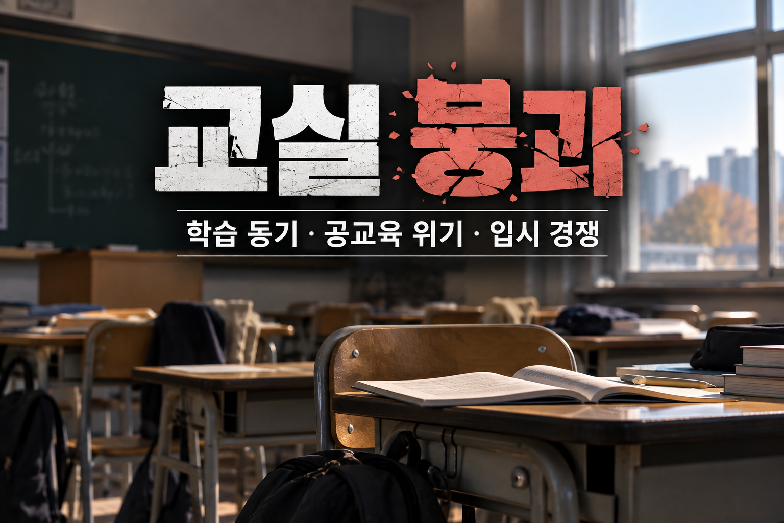 교실 붕괴 현상과 학생들의 학습 동기 저하, 공교육 위기와 입시 경쟁 문제를 표현한 교실 이미지
