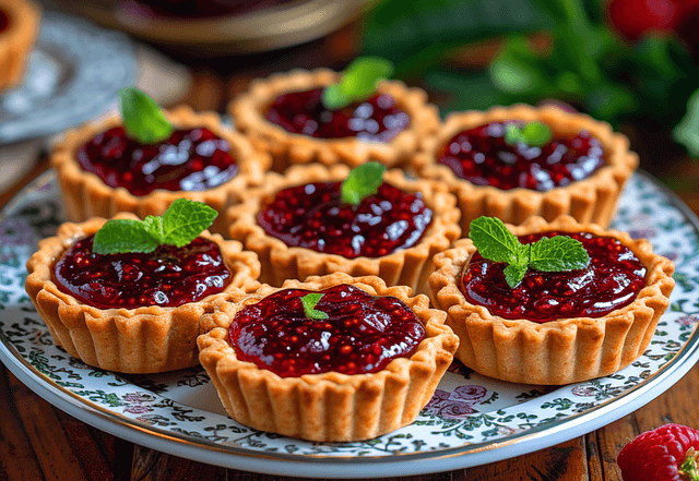 접시에 7개의 쿠키가 있다. 안에는 빨간 딸기잼이 가득 담겨있고 초록색 민트잎이 꽂혀있다.