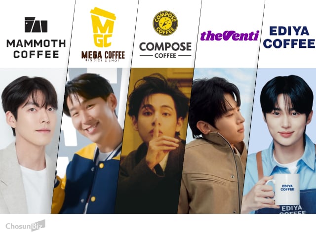 매머드커피 모델 배우 김우빈, 메가MGC커피 모델 축구선수 손흥민, 컴포즈커피 모델 BTS 멤버 뷔, 더벤티 모델 예능인 덱스, 이디야커피 모델 배우 변우석.
