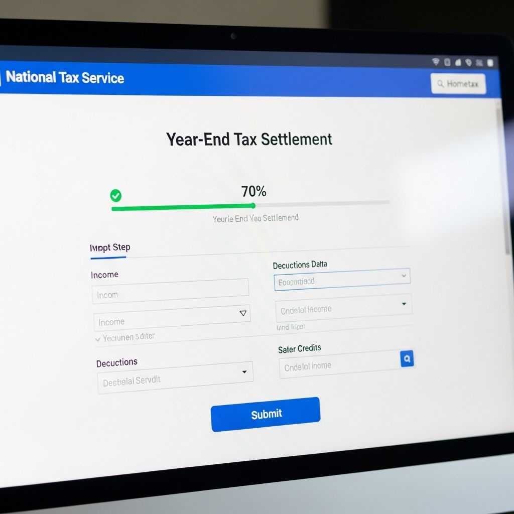 국세청 홈택스 웹사이트에서 연말정산을 간편하게 처리하는 과정을 보여주는 컴퓨터 화면.