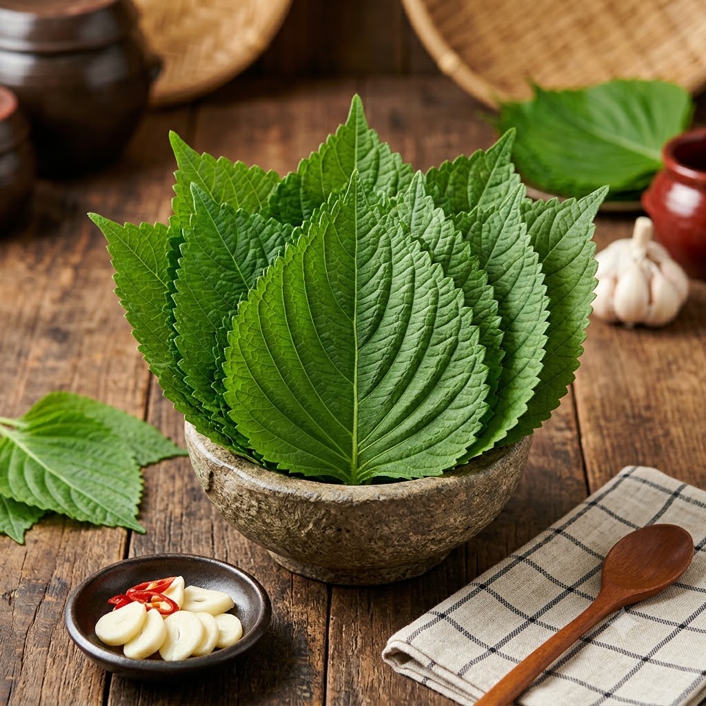 돌그릇에 신선하고 푸른 생 깻잎이 가득 담겨 있고, 작은 종지에는 슬라이스한 마늘과 고추가 놓여 있는 모습. 배경에는 다른 깻잎, 장독대, 숟가락 등이 보인다. 시각 장애인을 위해 돌그릇에 담긴 신선한 생 깻잎과 슬라이스한 마늘의 모습을 구체적으로 설명하는 대체텍스트입니다.