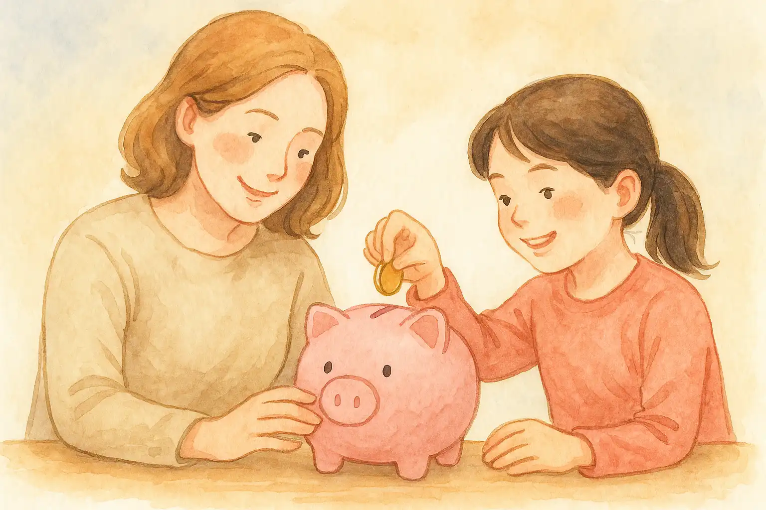 엄마와 아이가 돼지저금통에 동전을 넣는 감성적인 수채화 그림