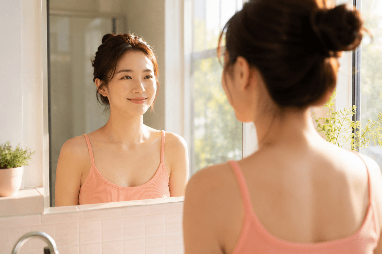 아침 햇살이 비치는 거울 앞에서 자신을 바라보며 미소 짓는 여성의 모습으로 긍정적인 자기 대화와 건강한 자존감 회복을 표현