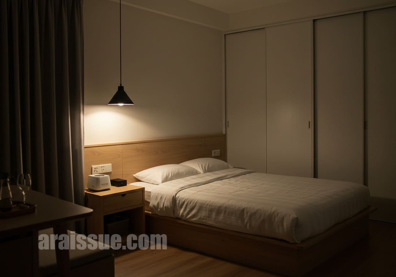 은은한 조명이 비추는 미니멀한 침실 모습