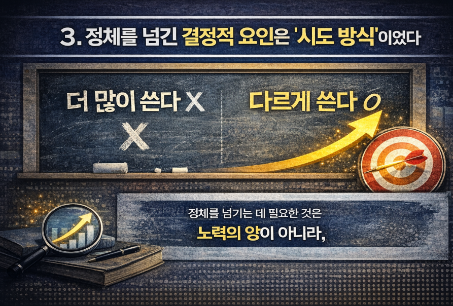 더 많이 쓰는 방식과 다르게 쓰는 방식을 대비해 정체 극복의 핵심이 시도 방식임을 보여주는 이미지