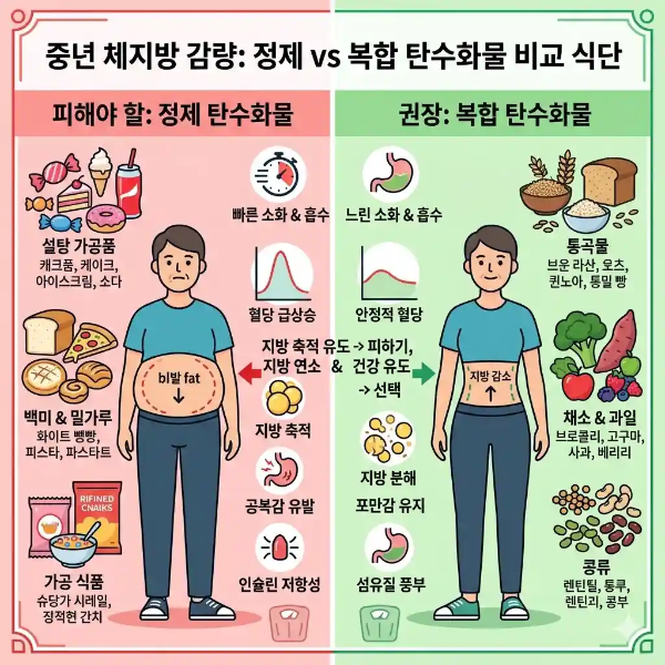 중년 체지방 줄이기 식단 피해야 할 식품 비교