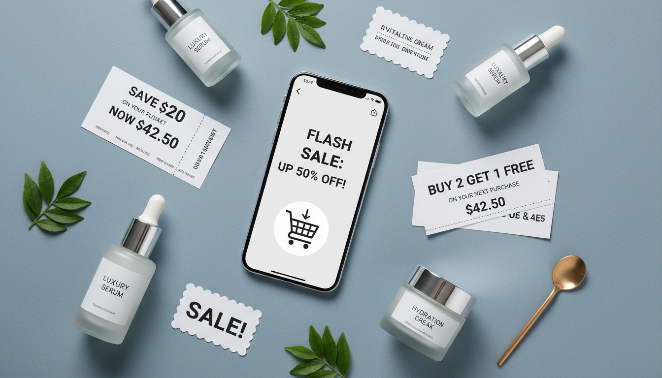 블루 그레이 배경에 놓인 세일 중인 스킨케어 화장품과 스마트폰 할인 쿠폰