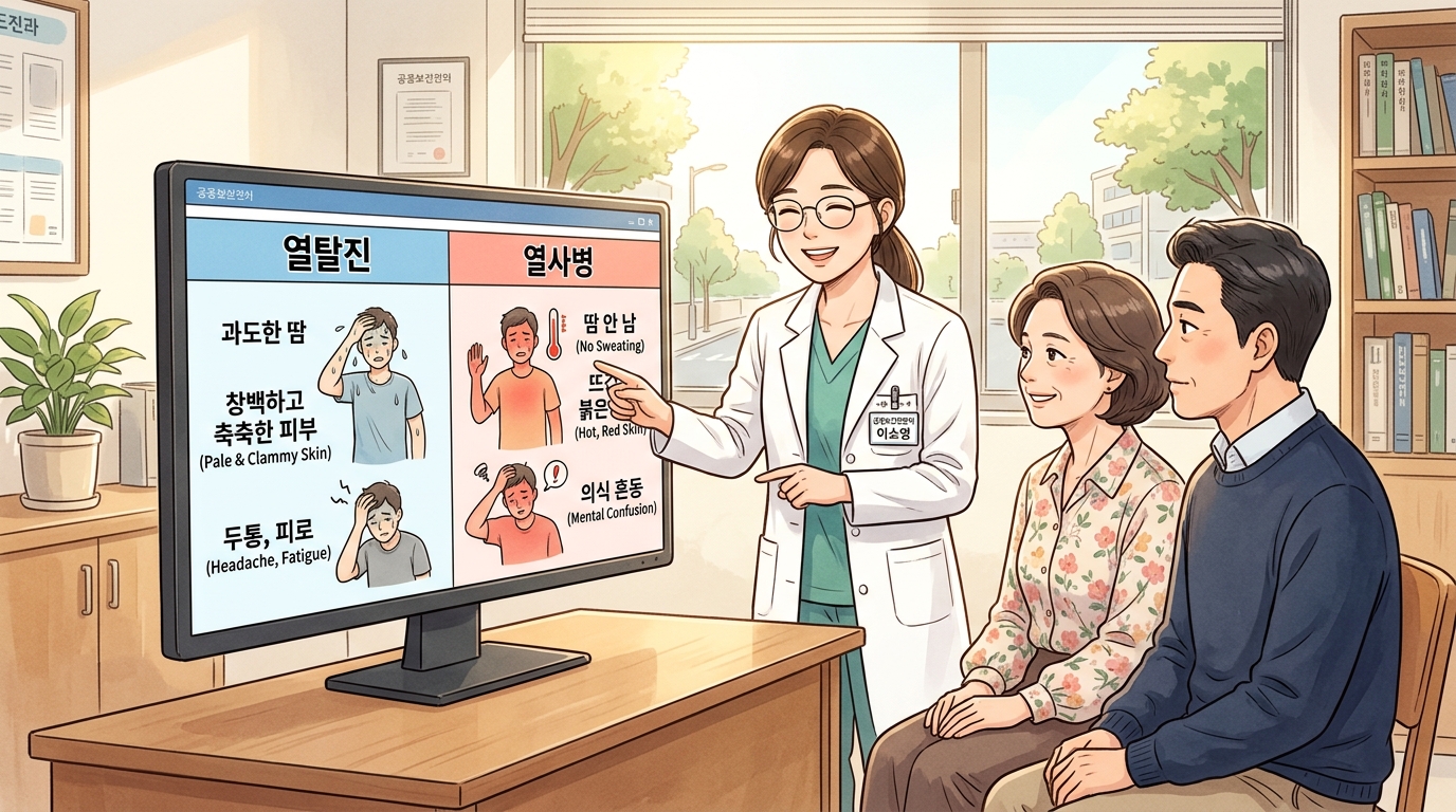 밝고 깨끗한 병원 진료실에서 보건 전문가 선생님이 컴퓨터 영상 모니터를 가리키며 땀이 많이 나는 일사병과 체온조절 중추가 마비되어 피부가 뜨거워지는 열사병의 증상 차이를 설명하고 여름철 온열질환 예방 가이드 핵심 수칙을 환자에게 친절하게 설명해 주는 2D 일러스트 이미지.