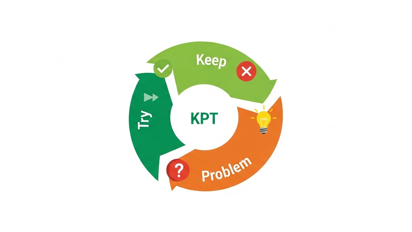 KPT 기법의 'Keep, Problem, Try' 세 가지 단계를 순환하는 흐름으로 보여주는 일러스트. 지속적인 개선과 성장을 상징합니다.
