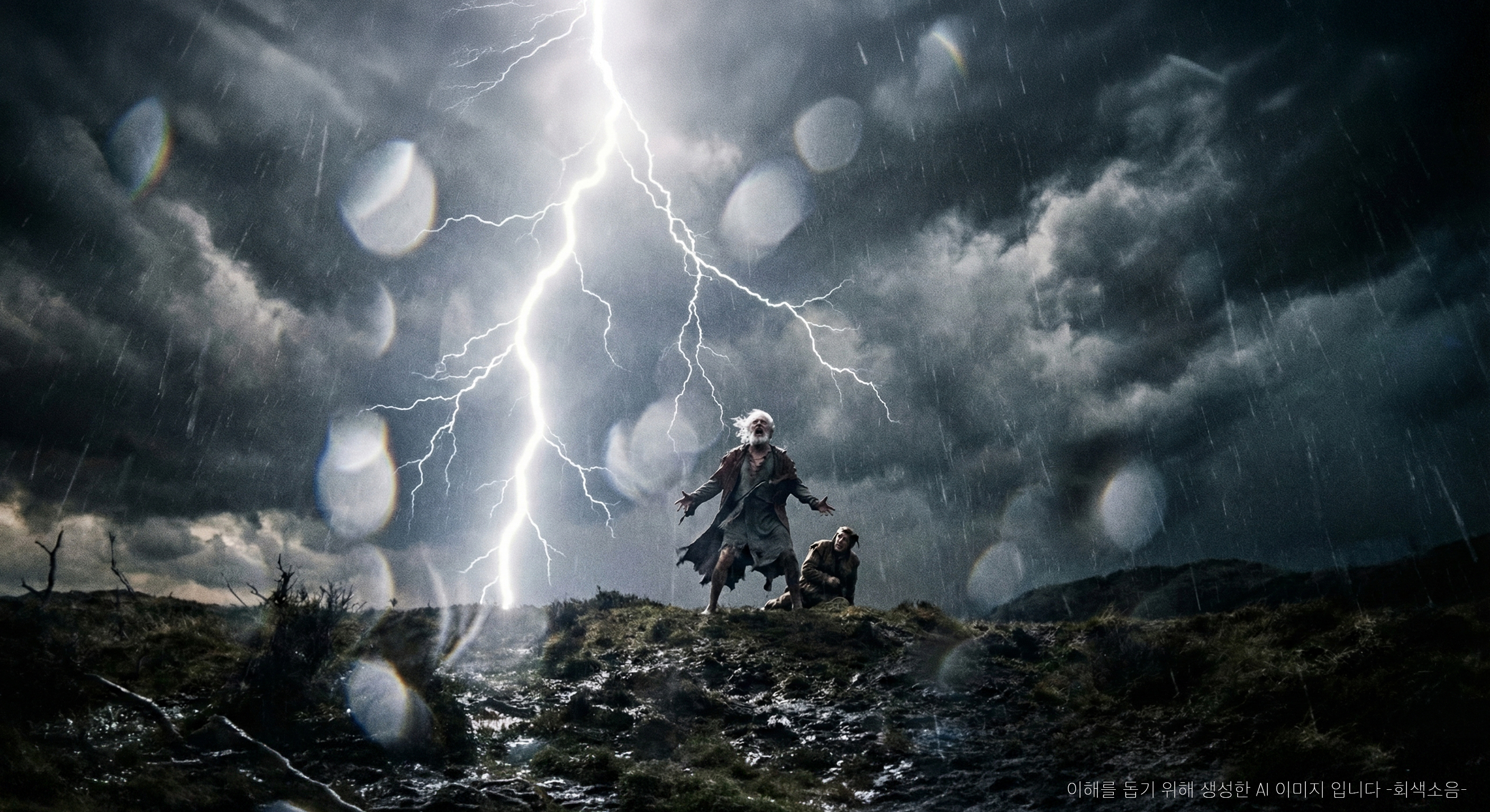 폭풍의 눈 : 폭풍우가 몰아치는 황량한 벌판에서 번개와 빗속에 휩싸여 찢긴 옷차림의 노왕(리어)이 하늘을 향해 절규하는 종말론적 와이드 장면.
