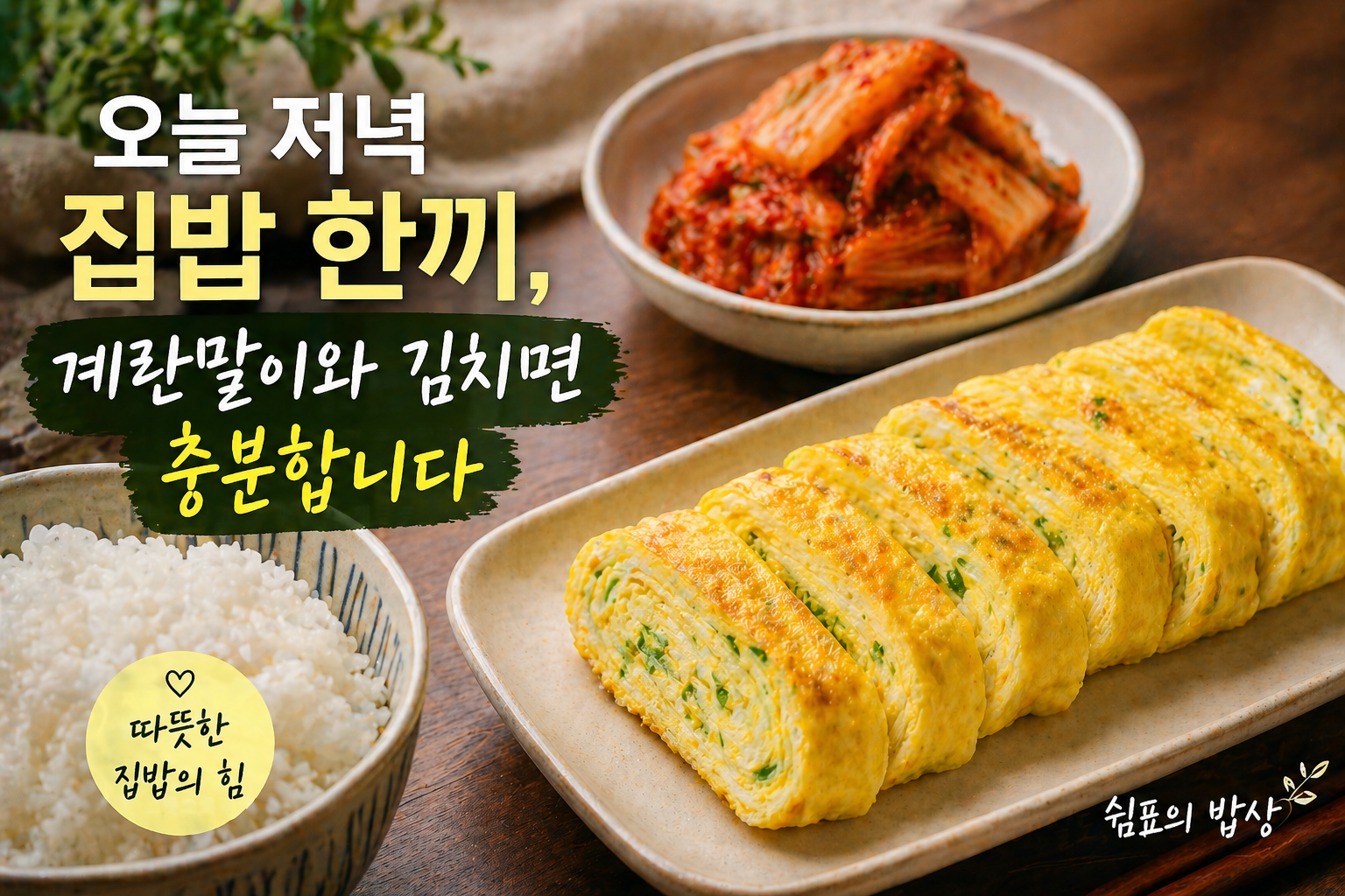 노릇한 계란말이와 김치를 곁들인 따뜻한 저녁 집밥 한상