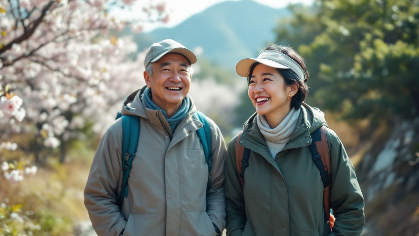 Korean senior couple in their 60s smiling while hiking on a scenic mountain trail, representing a happy retirement life with national pension benefits.