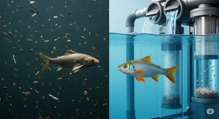 미세 플라스틱 오염를 헤엄치는 물고기와 그에 대비해서 깨끗한 물에서 헤엄치는 물고기를 표현한 이미지