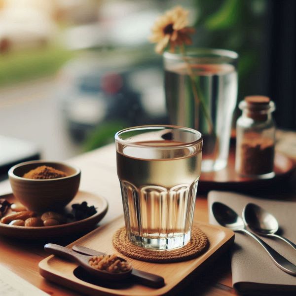 따뜻한 물 한잔이 탁자에 올려져 있다.