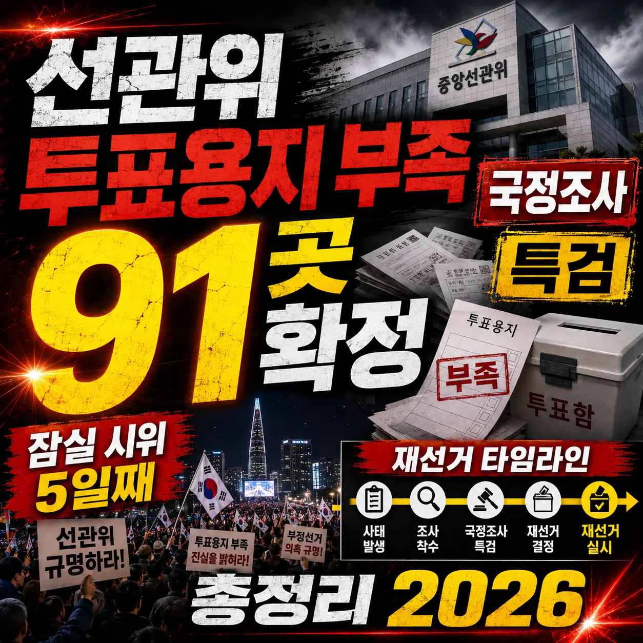 선관위 투표용지 부족 91곳 확정 — 국정조사·특검·잠실 시위 5일째·재선거 타임라인 총정리 2026